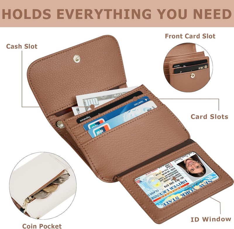 Sunpour Women Small Wallet RFID Blocking Slim Wallet with Coin Pocket Tri-Fold Credit Card Holder with ID Window and Keychain(Beige＆Brown) - Image 4